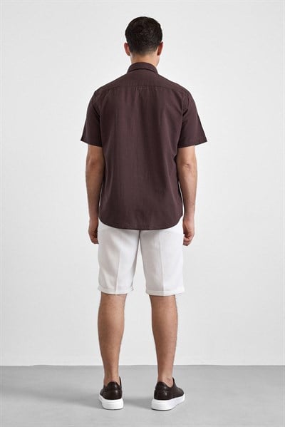 Koyu Kahve Regular Düğmeli Yaka Düz Kısa Kollu Casual Gömlek