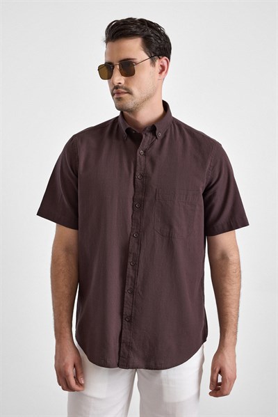 Koyu Kahve Regular Düğmeli Yaka Düz Kısa Kollu Casual Gömlek