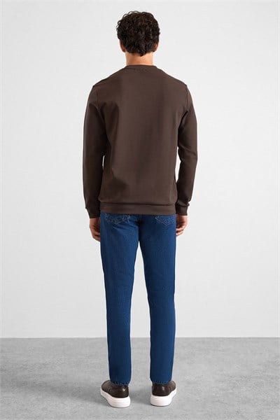Koyu Kahve Regular Düz Baskılı İnterlok Bisiklet Yaka Cepsiz Düz Sweatshirt
