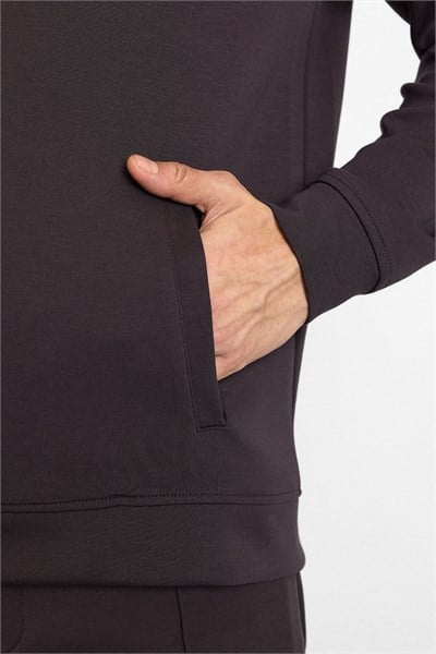 Koyu Kahve Regular Düz Baskılı İnterlok Fermuarlı Dik Yaka Cepli Sweatshirt
