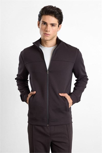 Koyu Kahve Regular Düz Baskılı İnterlok Fermuarlı Dik Yaka Cepli Sweatshirt