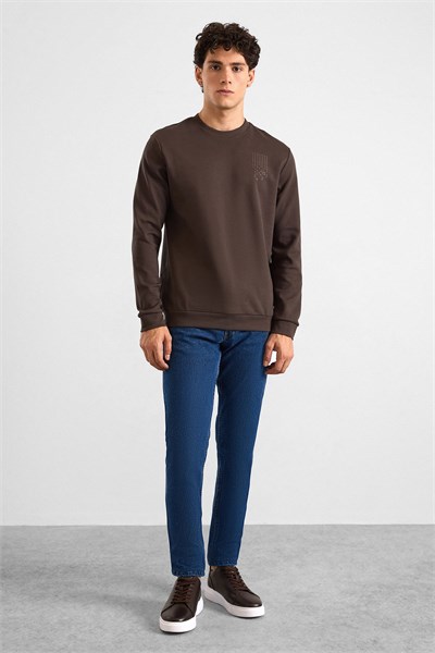 Koyu Kahve Regular Düz Baskılı İnterlok Bisiklet Yaka Cepsiz Düz Sweatshirt