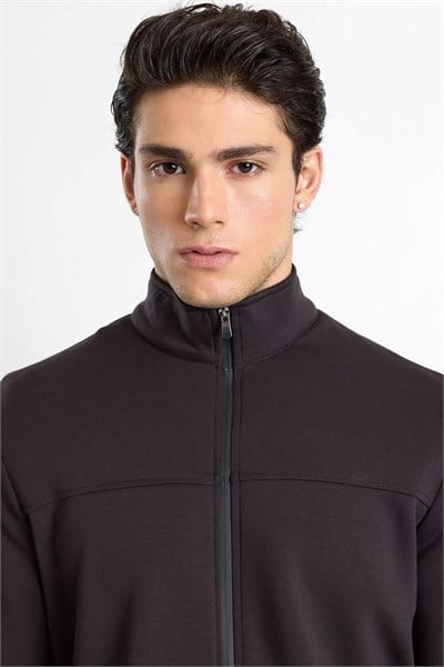 Koyu Kahve Regular Düz Baskılı İnterlok Fermuarlı Dik Yaka Cepli Sweatshirt