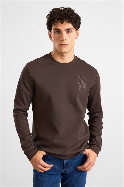 Koyu Kahve Regular Düz Baskılı İnterlok Bisiklet Yaka Cepsiz Düz Sweatshirt