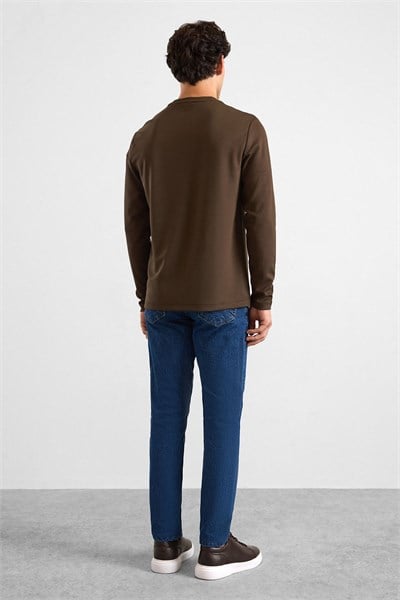 Koyu Kahve Regular Düz Baskısız İnterlok Bisiklet Yaka Cepsiz Sweatshirt