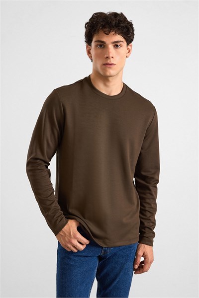 Koyu Kahve Regular Düz Baskısız İnterlok Bisiklet Yaka Cepsiz Sweatshirt