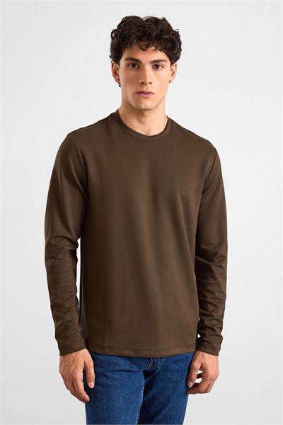 Koyu Kahve Regular Düz Baskısız İnterlok Bisiklet Yaka Cepsiz Sweatshirt