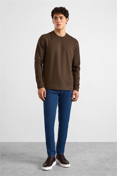 Koyu Kahve Regular Düz Baskısız İnterlok Bisiklet Yaka Cepsiz Sweatshirt