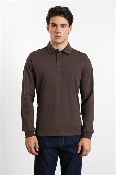 Koyu Kahve Regular Düz Baskısız Süprem Düğmeli Polo Yaka Cepsiz Sweatshirt
