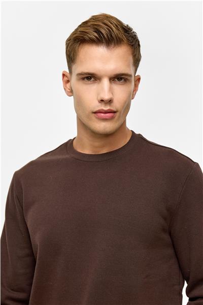 Koyu Kahve Regular Düz Bisiklet Yaka Sweatshirt
