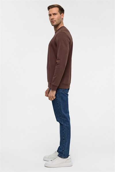 Koyu Kahve Regular Düz Bisiklet Yaka Sweatshirt