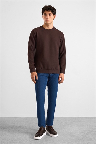 Koyu Kahve Regular Düz Bisiklet Yaka Sweatshirt