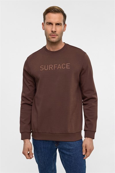 Koyu Kahve Regular Düz Bisiklet Yaka Sweatshirt