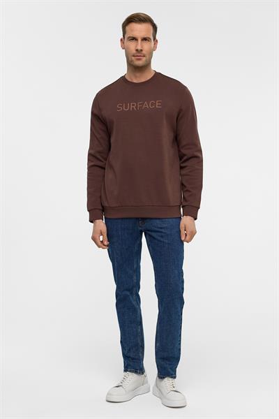 Koyu Kahve Regular Düz Bisiklet Yaka Sweatshirt