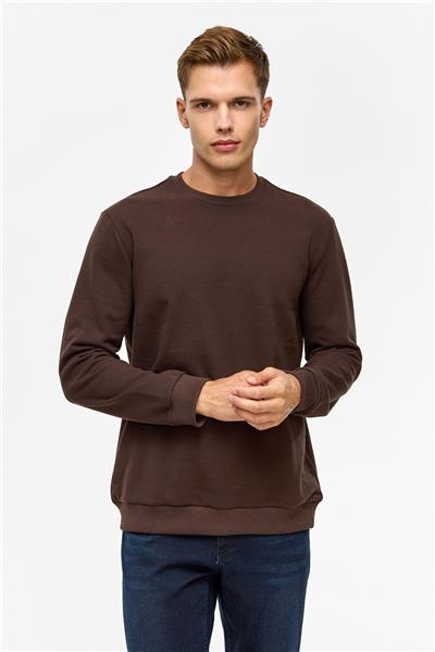 Koyu Kahve Regular Düz Bisiklet Yaka Sweatshirt
