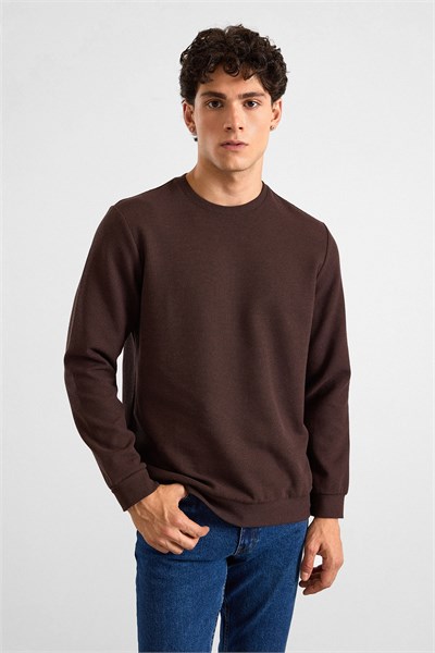 Koyu Kahve Regular Düz Bisiklet Yaka Sweatshirt