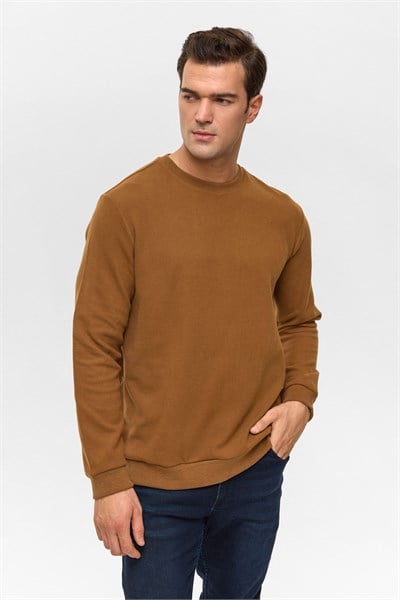 Koyu Kahve Regular Düz Bisiklet Yaka Sweatshirt