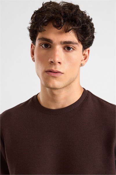 Koyu Kahve Regular Düz Bisiklet Yaka Sweatshirt