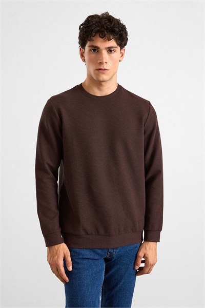 Koyu Kahve Regular Düz Bisiklet Yaka Sweatshirt