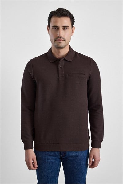 Koyu Kahve Regular Düz Polo Yaka Sweatshirt