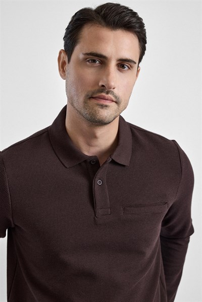 Koyu Kahve Regular Düz Polo Yaka Sweatshirt