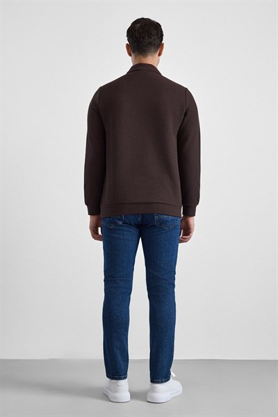 Koyu Kahve Regular Düz Polo Yaka Sweatshirt