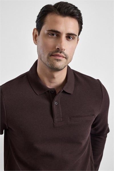 Koyu Kahve Regular Düz Polo Yaka Sweatshirt