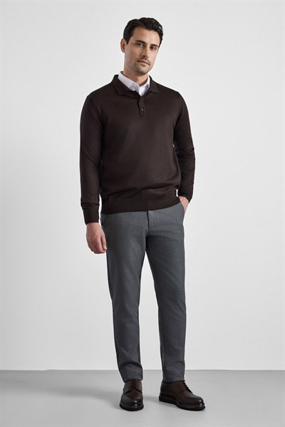 Koyu Kahve Regular Düz Polo Yaka Triko