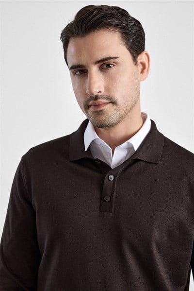 Koyu Kahve Regular Düz Polo Yaka Triko