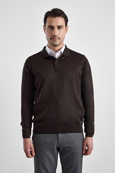 Koyu Kahve Regular Düz Polo Yaka Triko