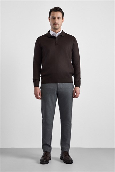 Koyu Kahve Regular Düz Polo Yaka Triko