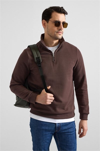 Koyu Kahve Regular Düz Yarım Balıkçı Yaka Sweatshirt