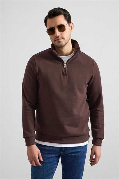 Koyu Kahve Regular Düz Yarım Balıkçı Yaka Sweatshirt