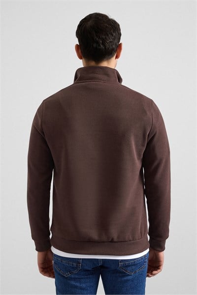 Koyu Kahve Regular Düz Yarım Balıkçı Yaka Sweatshirt
