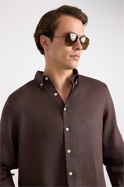 Koyu Kahve Regular Klasik Yaka Düz Cepsiz Uzun Kollu Standart Casual Gömlek