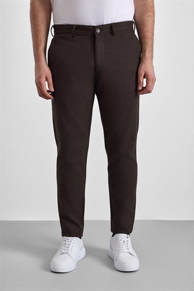 Koyu Kahve Slim Armürlü Kanvas Casual Pantolon