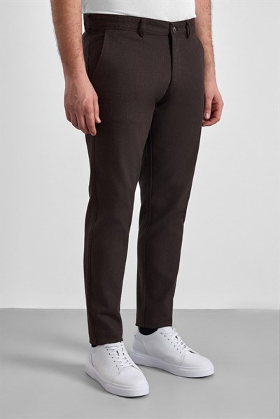 Koyu Kahve Slim Armürlü Kanvas Casual Pantolon