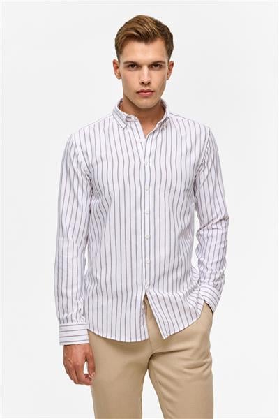 Koyu Kahve Slim Çizgili Düğmeli Yaka Gömlek