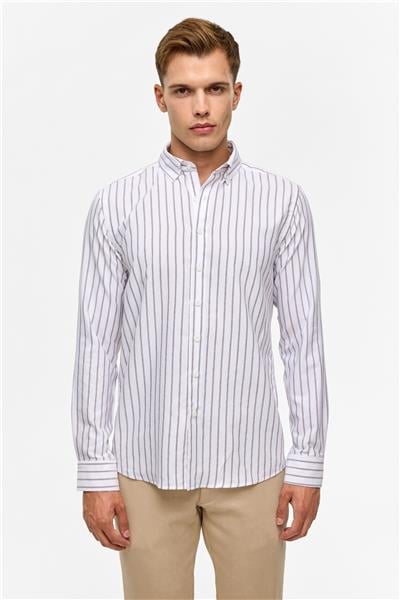 Koyu Kahve Slim Çizgili Düğmeli Yaka Gömlek