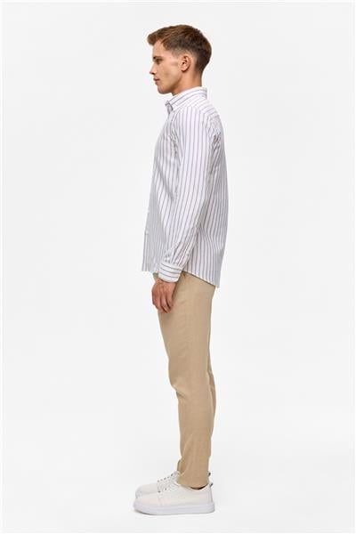 Koyu Kahve Slim Çizgili Düğmeli Yaka Gömlek