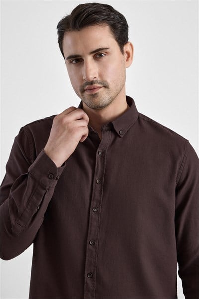 Koyu Kahve Slim Düğmeli Yaka Düz Uzun Kollu Casual Gömlek