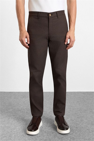 Koyu Kahve Slim Düz Armürlü Normal Bel Casual Pantolon