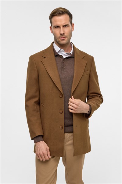 Koyu Kahve Slim Düz Mono Yaka Kaban