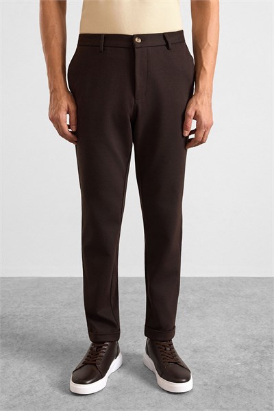 Koyu Kahve Slim Düz Twill Yarım Lastikli Jogger Pantolon