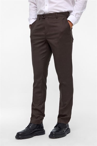 Koyu Kahve Slim Fit Armürlü Kumaş Pantolon