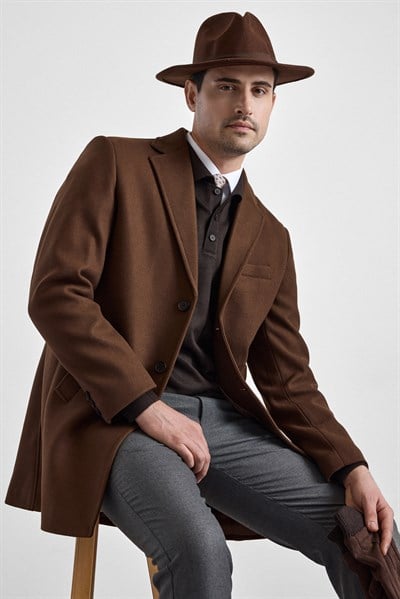 Koyu Kahve Slim Mono Yaka Düz Yan Cepli Düğmeli Dolgusuz Rüzgar Geçirmez Kaban