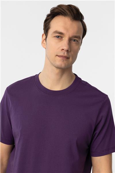 Koyu Lila Regular Düz Bisiklet Yaka Tişört