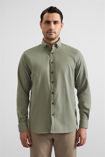 Koyu Yeşil Regular Düğmeli Yaka Düz Cepsiz Casual Gömlek