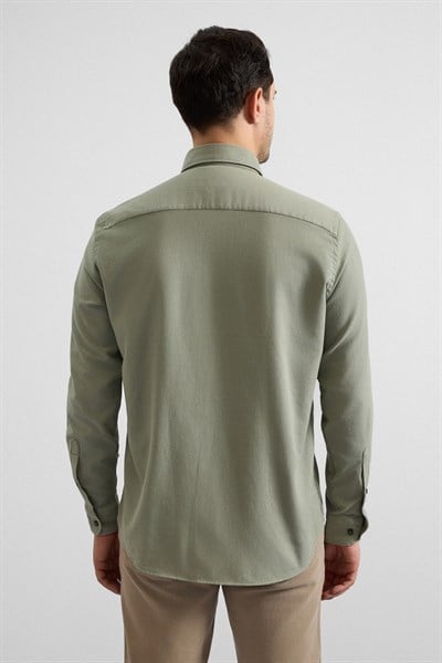 Koyu Yeşil Regular Düğmeli Yaka Düz Cepsiz Casual Gömlek
