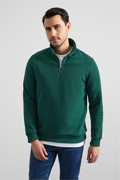 Koyu Yeşil Regular Düz Yarım Balıkçı Yaka Sweatshirt